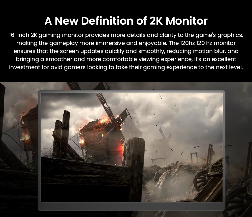 UPERFECT UGame C2 Gaming Monitor, 16 Inch 2560×1600 2K IPS Screen, 120Hz Refresh Rate, 9ms Response Time, HDR, 100% sRGB, 178° Wide Viewing Angle, Built-in Speakers, USB-C & Mini HDMI, 75×75mm VESA Mount