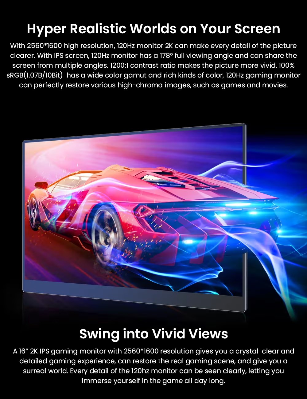 UPERFECT UGame C2 Gaming Monitor, 16 Inch 2560×1600 2K IPS Screen, 120Hz Refresh Rate, 9ms Response Time, HDR, 100% sRGB, 178° Wide Viewing Angle, Built-in Speakers, USB-C & Mini HDMI, 75×75mm VESA Mount