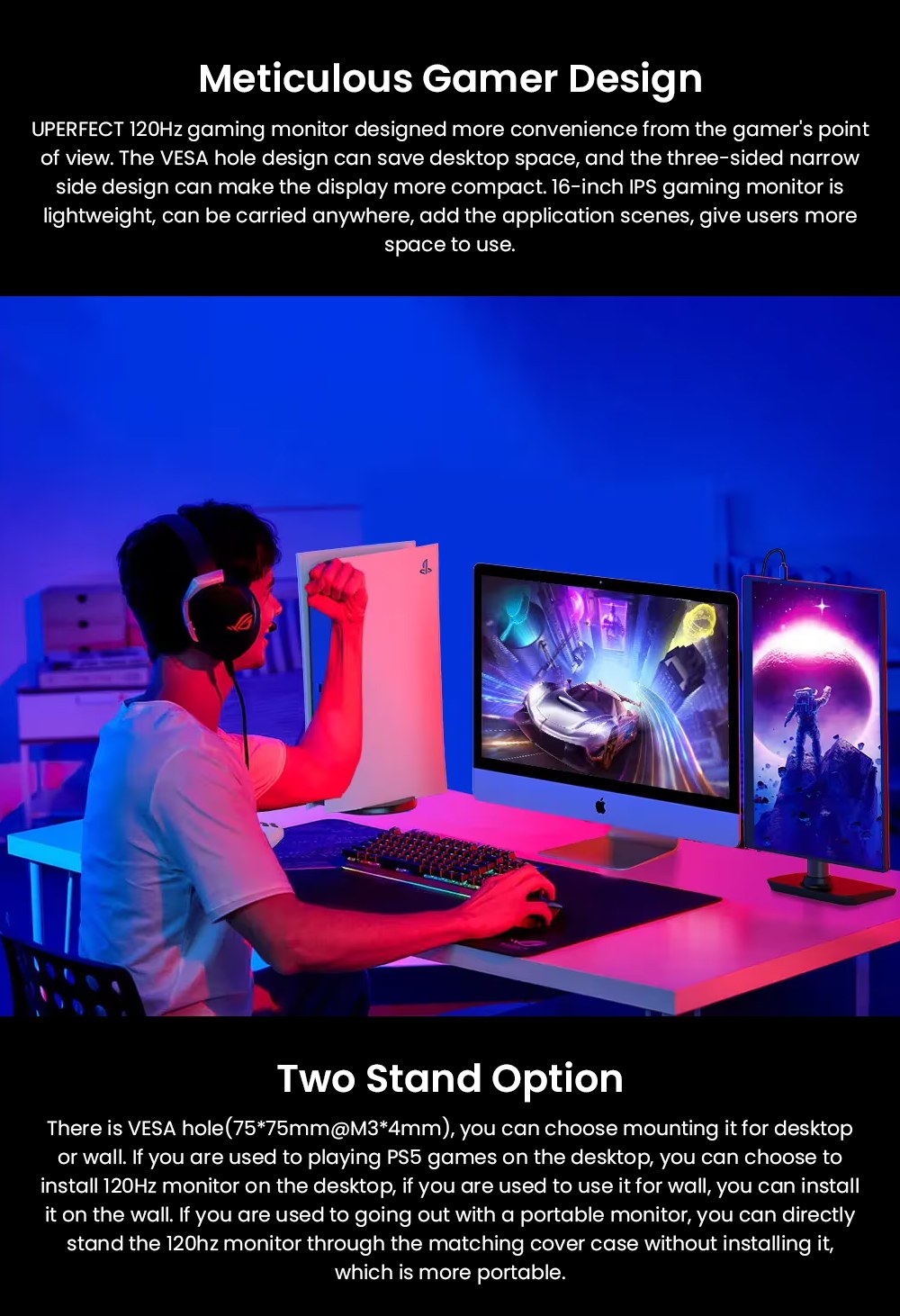 UPERFECT UGame C2 Gaming Monitor, 16 Inch 2560×1600 2K IPS Screen, 120Hz Refresh Rate, 9ms Response Time, HDR, 100% sRGB, 178° Wide Viewing Angle, Built-in Speakers, USB-C & Mini HDMI, 75×75mm VESA Mount