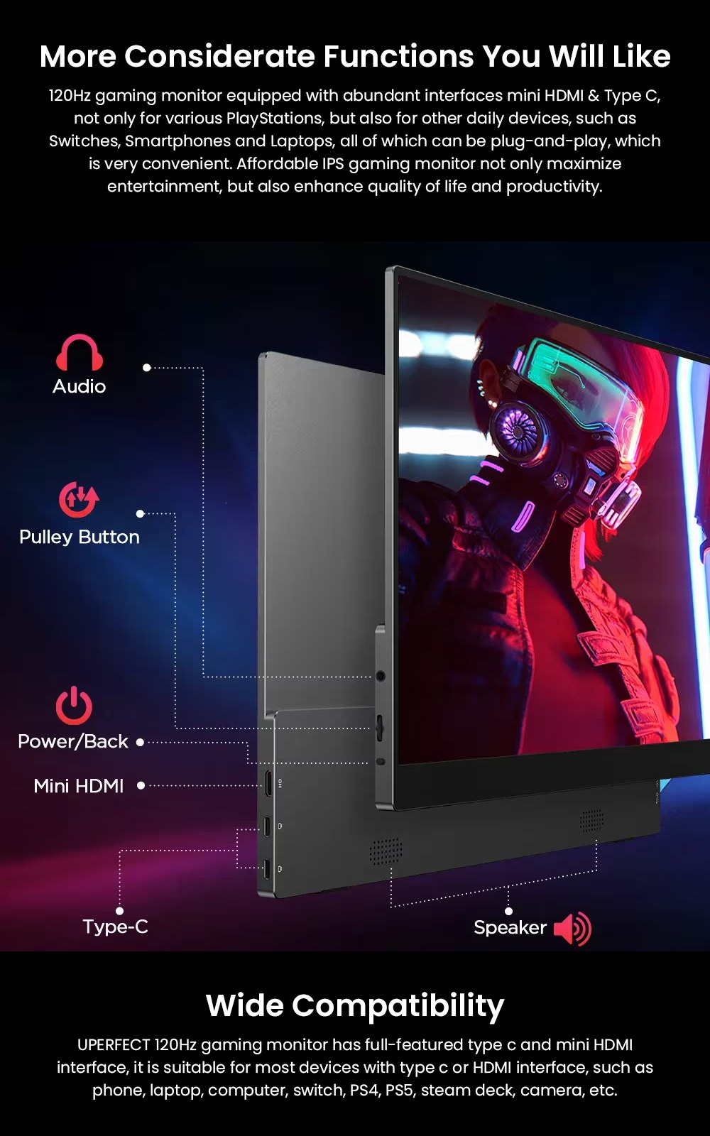 UPERFECT UGame C2 Gaming Monitor, 16 Inch 2560×1600 2K IPS Screen, 120Hz Refresh Rate, 9ms Response Time, HDR, 100% sRGB, 178° Wide Viewing Angle, Built-in Speakers, USB-C & Mini HDMI, 75×75mm VESA Mount