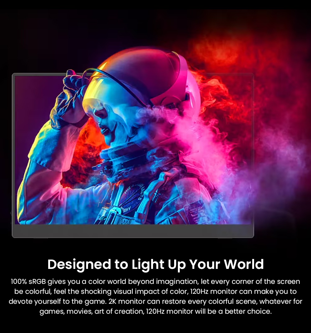 UPERFECT UGame C2 Gaming Monitor, 16 Inch 2560×1600 2K IPS Screen, 120Hz Refresh Rate, 9ms Response Time, HDR, 100% sRGB, 178° Wide Viewing Angle, Built-in Speakers, USB-C & Mini HDMI, 75×75mm VESA Mount