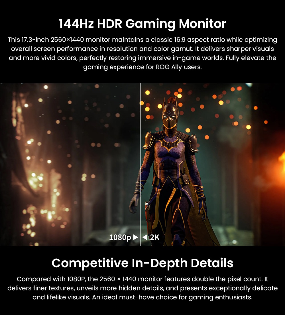 UPERFECT UGame K7 J&aacute;t&eacute;kmonitor, 17,3 h&uuml;velykes 2560&times;1440 QHD IPS kijelző, 144Hz friss&iacute;t&eacute;si sebess&eacute;g, 10ms v&aacute;laszidő, HDR, FreeSync, 100% sRGB, 400 nits f&eacute;nyerő, 178 &deg; Sz&eacute;les l&aacute;t&oacute;sz&ouml;g, be&eacute;p&iacute;tett hangsz&oacute;r&oacute;, HDMI7 &times; USB-5 &eacute;s HDMI5 r&ouml;gz&iacute;tő