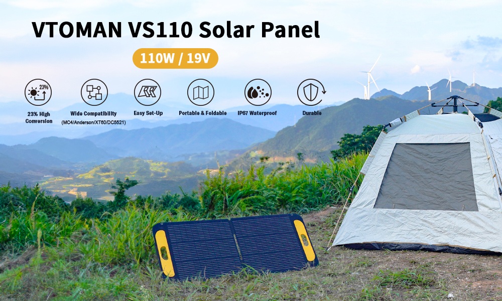 VTOMAN VS110 110W Faltbares Solarpanel, 23% hocheffiziente monokristalline Zellen, IP67 wasserdichte ETFE-Oberfl&auml;che, verstellbarer St&auml;nder, MC4-Anschluss f&uuml;r tragbare Powerstations