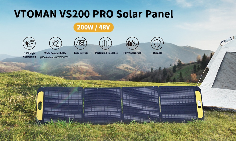VTOMAN VS200 PRO 200W Faltbares Solarpanel, 23% hocheffiziente monokristalline Zellen, IP67 wasserdichte ETFE-Oberfl&auml;che, verstellbarer St&auml;nder, MC4-Anschluss f&uuml;r tragbare Powerstations