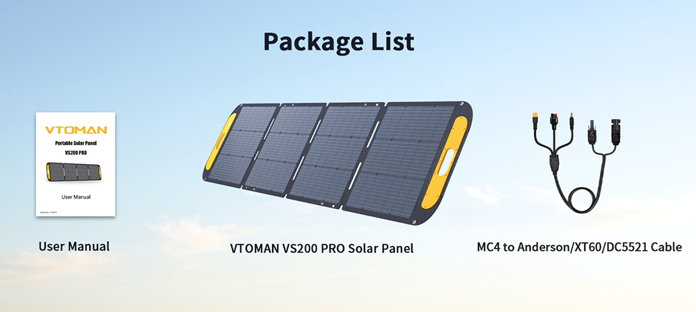 VTOMAN VS200 PRO 200W Faltbares Solarpanel, 23% hocheffiziente monokristalline Zellen, IP67 wasserdichte ETFE-Oberfl&auml;che, verstellbarer St&auml;nder, MC4-Anschluss f&uuml;r tragbare Powerstations