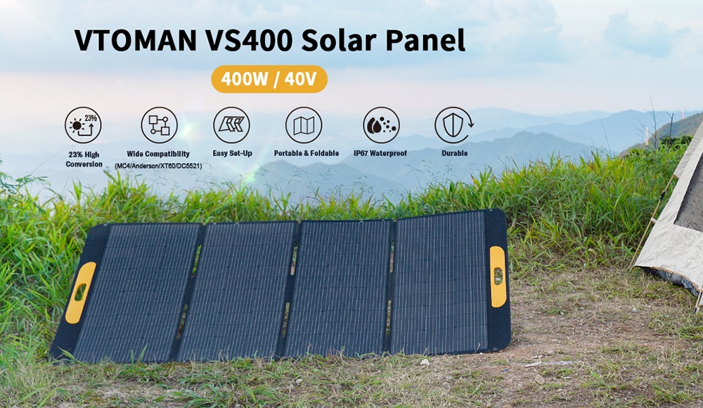 VTOMAN VS400 400W Faltbares Solarpanel, 23% hocheffiziente monokristalline Zellen, IP67 wasserdichte ETFE-Oberfl&auml;che, verstellbarer St&auml;nder, MC4-Anschluss f&uuml;r tragbare Powerstations