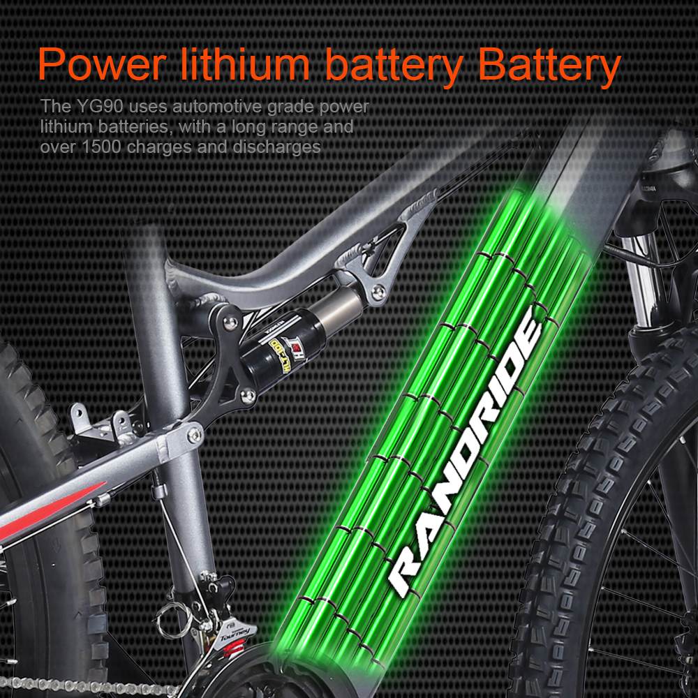 RANDRIDE YG90A Elektromos Kerékpár 1000 W-os Motor 45 km/h Max. Sebesség 48 V 17 Ah Kivehető Akkumulátor 70-90 km Max. Hatótávolság 27,5 * 2,4'' CST Gumiabroncsok 120 kg Teherbírás Shimano 21 Sebességfokozat Hidraulikus Fék - Kék és Szürke
