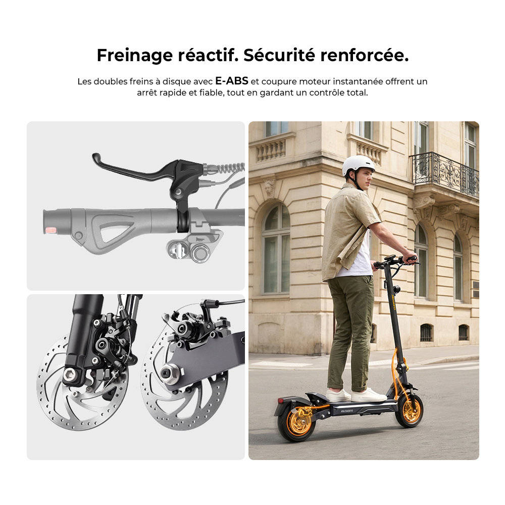 Ausom K20 Trottinette Électrique Monomoteur, moteur 1100W, autonomie jusqu’à 70 km, vitesse max. 45 km/h, batterie 48V 13,5Ah, pente 20 %, freins à disque + E-ABS, pneus tubeless 10", suspension, déverrouillage NFC, pliable pour trajets quotidiens