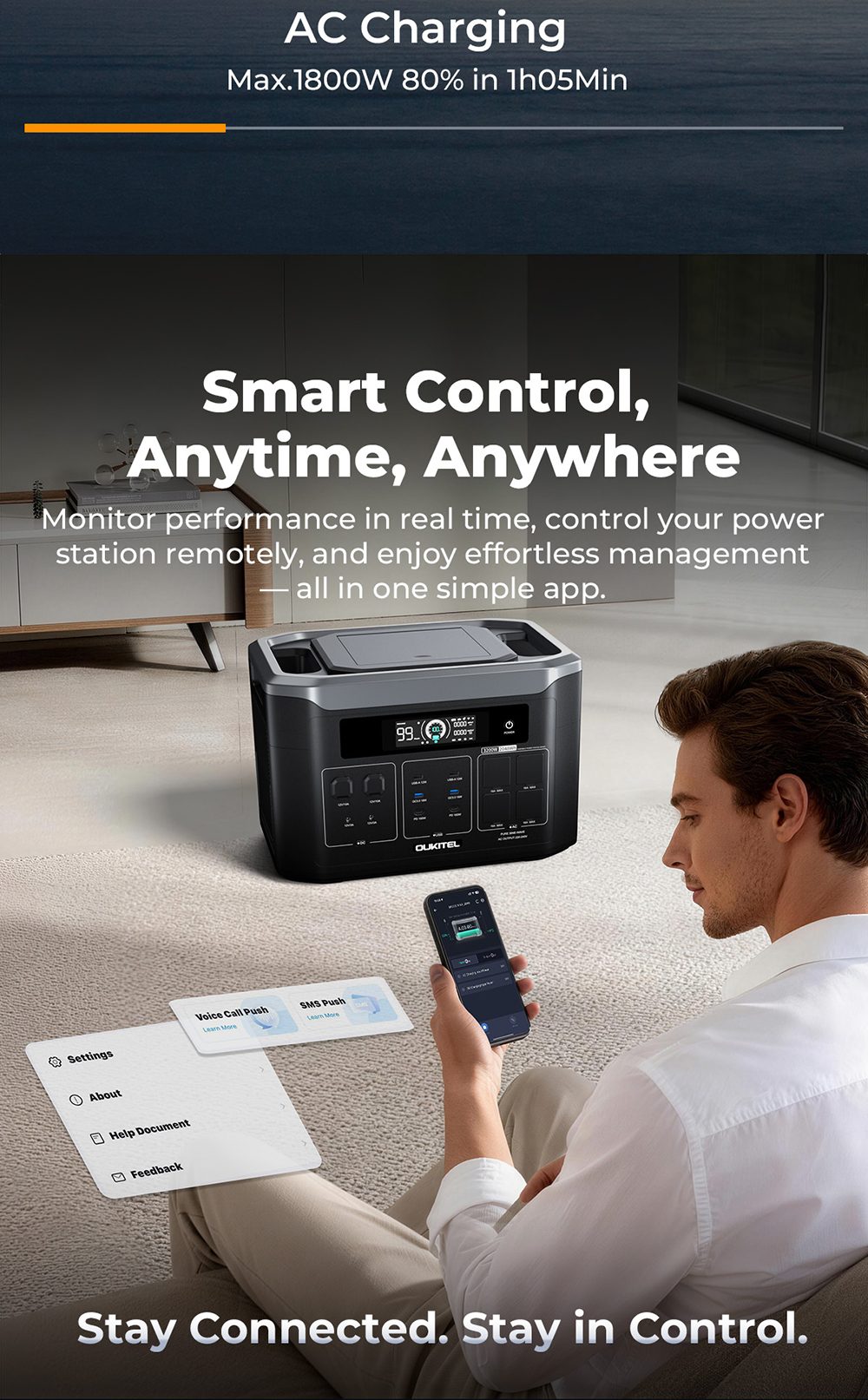 OUKITEL BP3000E Station d'alimentation portable, batterie LiFePO4 de 2048Wh, sortie AC de 3200W (6400W en cr&ecirc;te), 4 sorties AC, entr&eacute;e solaire MPPT de 1000W, UPS <10ms, contr&ocirc;le via application Bluetooth et WiFi, 2&times;USB-C PD100W, 2&times;USB-A QC3.0
