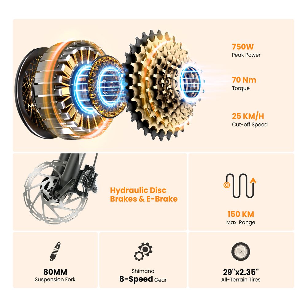 Touroll U2 Pro V&eacute;lo &eacute;lectrique, moteur 750W, batterie 48V 15Ah, vitesse max 25 km/h, autonomie 150 km, freins hydrauliques, pneus 29