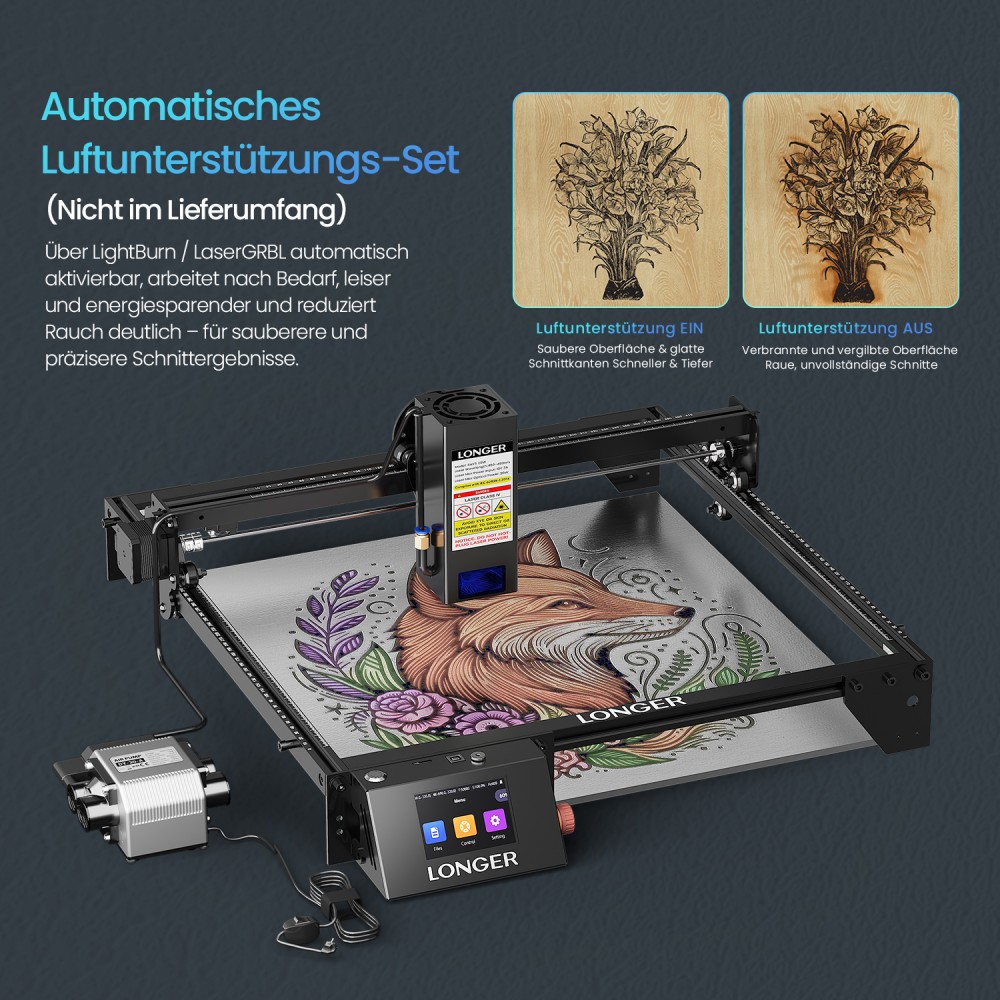 LONGER RAY5 20W Lasergravierer, 0,08*0,1mm Laserspot, Farb-Touchscreen, 32-Bit-Chipsatz, App-Verbindung, 400*365mm