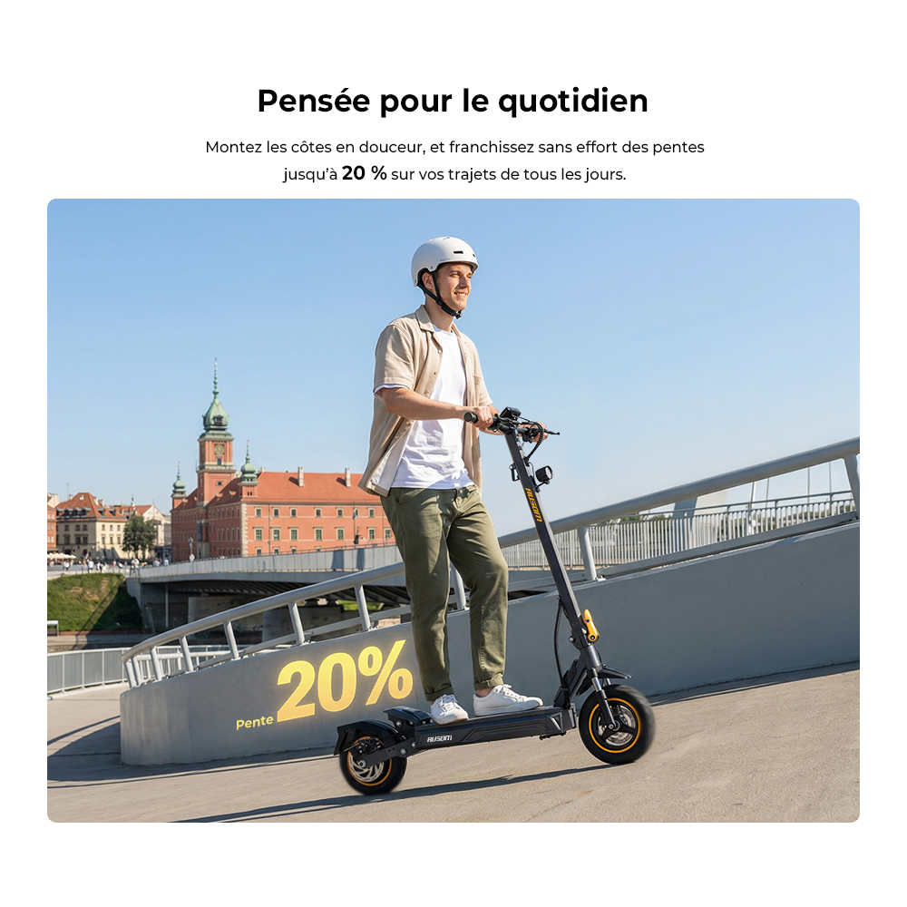 Ausom K20 Trottinette Électrique Monomoteur, moteur 1100W, autonomie jusqu’à 70 km, vitesse max. 45 km/h, batterie 48V 13,5Ah, pente 20 %, freins à disque + E-ABS, pneus tubeless 10", suspension, déverrouillage NFC, pliable pour trajets quotidiens