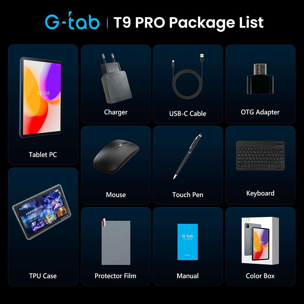 Tablette G-tab T9 Pro, &eacute;cran IPS 10,1 pouces (1280 x 800 pixels), processeur quadric&oelig;ur Allwinner A333, Android 15, 4 Go de RAM, 128 Go de ROM, Wi-Fi double bande 2,4 GHz/5 GHz, Bluetooth 5.0, GPS multi-satellites, double cam&eacute;ra 2 MP + 5 MP, batterie 5500 mAh
