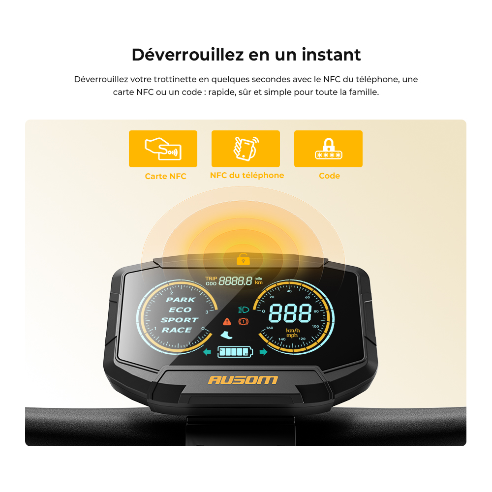 Ausom K20 Trottinette Électrique Monomoteur, moteur 1100W, autonomie jusqu’à 70 km, vitesse max. 45 km/h, batterie 48V 13,5Ah, pente 20 %, freins à disque + E-ABS, pneus tubeless 10", suspension, déverrouillage NFC, pliable pour trajets quotidiens