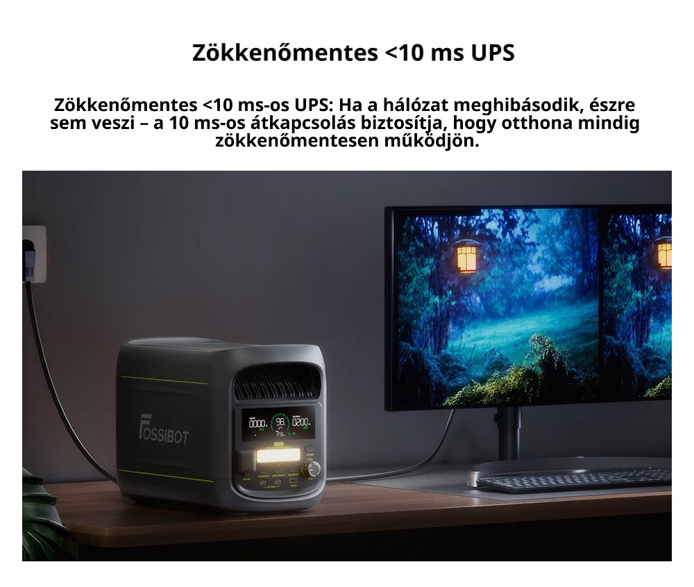 FOSSiBOT F1800 Hordozhat&oacute; Erőmű, 1024Wh LiFePO4, 1800W AC Kimenet, Ultra-Gyors 1200W AC & 500W Napelemes T&ouml;lt&eacute;s, T&ouml;bbportos USB/Type-C/Aut&oacute;s Kimenet, App-vez&eacute;rl&eacute;s, Csendes <10ms UPS