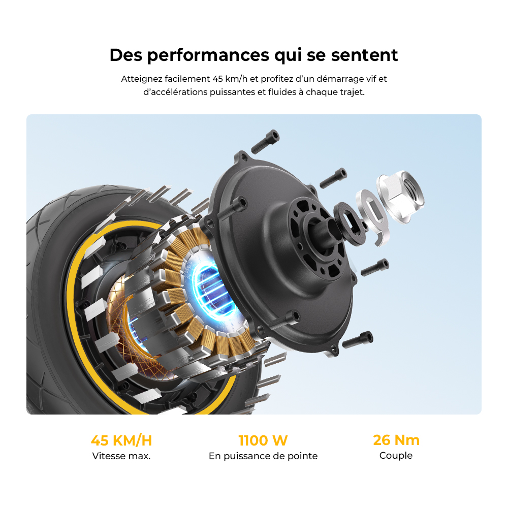 Ausom K20 Trottinette Électrique Monomoteur, moteur 1100W, autonomie jusqu’à 70 km, vitesse max. 45 km/h, batterie 48V 13,5Ah, pente 20 %, freins à disque + E-ABS, pneus tubeless 10", suspension, déverrouillage NFC, pliable pour trajets quotidiens