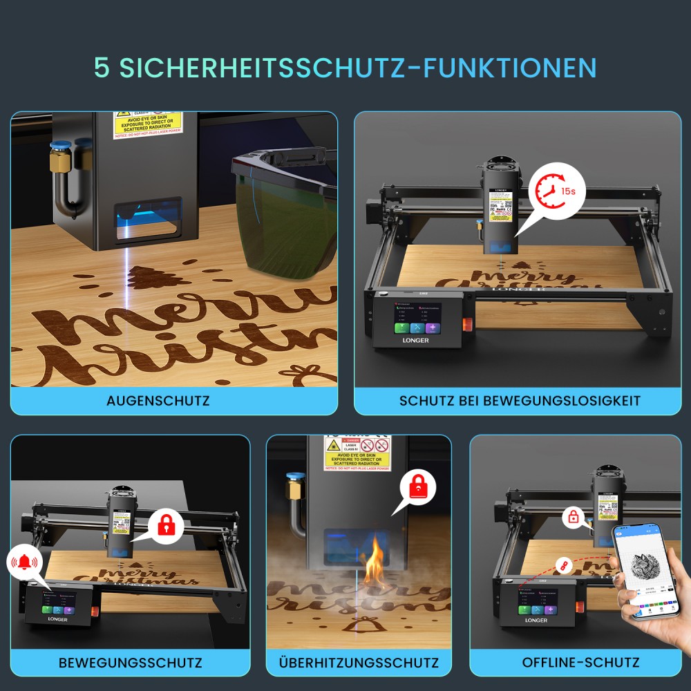 LONGER RAY5 20W Lasergravierer, 0,08*0,1mm Laserspot, Farb-Touchscreen, 32-Bit-Chipsatz, App-Verbindung, 400*365mm