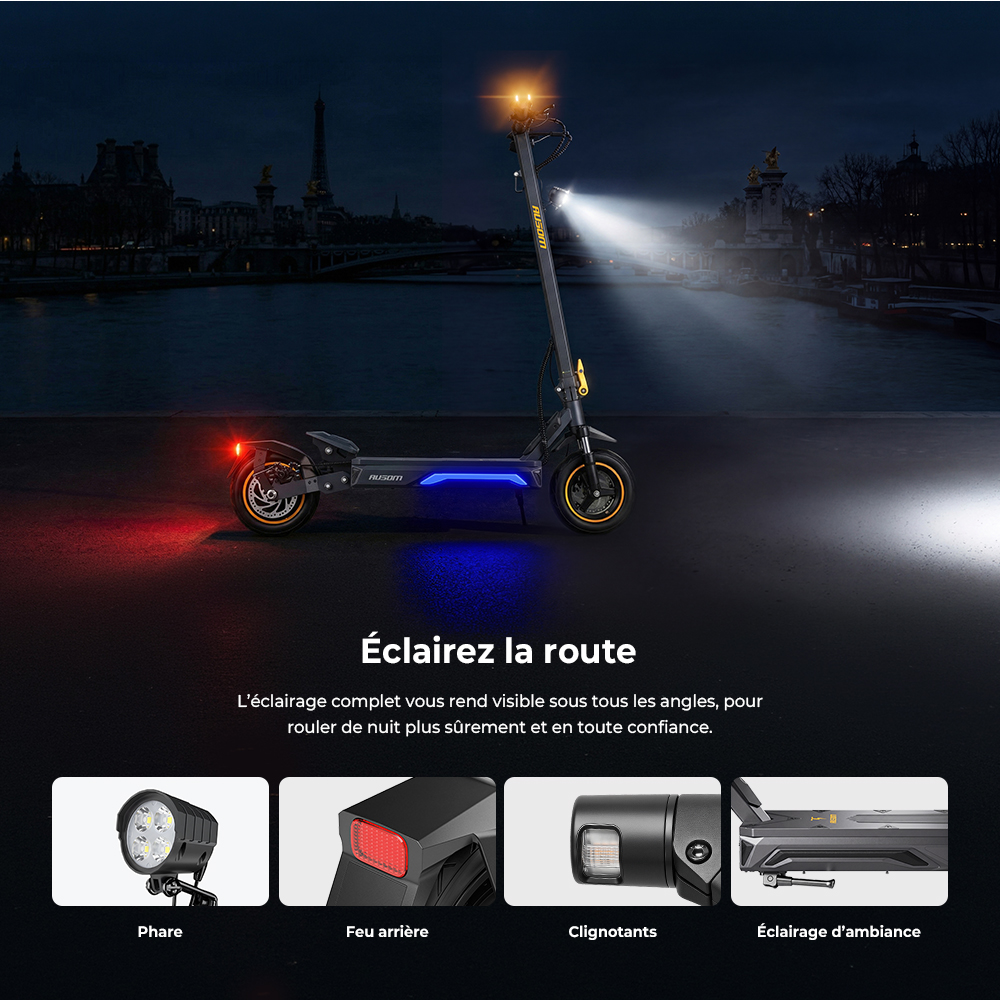 Ausom K20 Trottinette Électrique Monomoteur, moteur 1100W, autonomie jusqu’à 70 km, vitesse max. 45 km/h, batterie 48V 13,5Ah, pente 20 %, freins à disque + E-ABS, pneus tubeless 10", suspension, déverrouillage NFC, pliable pour trajets quotidiens