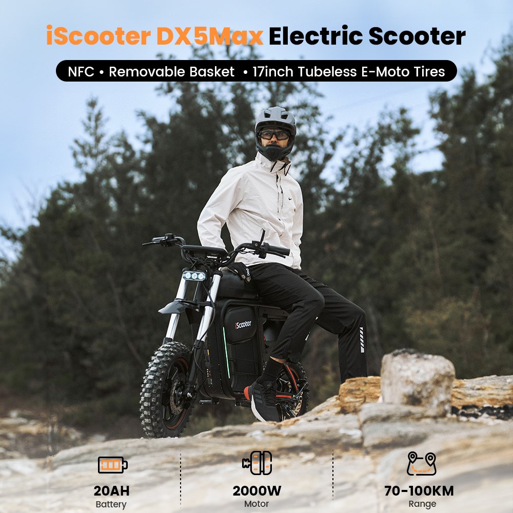 iScooter DX5Max Elektroroller, 2000-W-Motorleistung, 70 km/h H&ouml;chstgeschwindigkeit, 52-V-20-Ah-Akku (herausnehmbar), 100 km Reichweite, NFC-Entsperrung, hydraulische Scheibenbremsen, Vollfederung, wasserdicht (IPX4), 17-Zoll-Schlauchlosreifen, max. Zuladung 150 kg