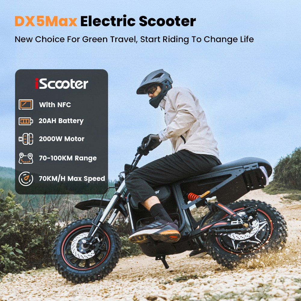 iScooter DX5Max Elektroroller, 2000-W-Motorleistung, 70 km/h H&ouml;chstgeschwindigkeit, 52-V-20-Ah-Akku (herausnehmbar), 100 km Reichweite, NFC-Entsperrung, hydraulische Scheibenbremsen, Vollfederung, wasserdicht (IPX4), 17-Zoll-Schlauchlosreifen, max. Zuladung 150 kg