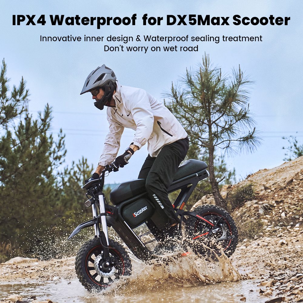 iScooter DX5Max Elektroroller, 2000-W-Motorleistung, 70 km/h H&ouml;chstgeschwindigkeit, 52-V-20-Ah-Akku (herausnehmbar), 100 km Reichweite, NFC-Entsperrung, hydraulische Scheibenbremsen, Vollfederung, wasserdicht (IPX4), 17-Zoll-Schlauchlosreifen, max. Zuladung 150 kg