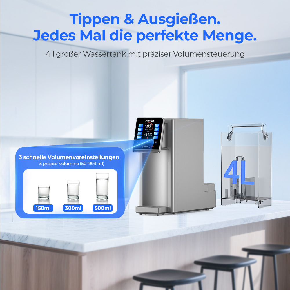 Hydrofast W100 Wasserfilter für die Arbeitsplatte mit heißem und raumwarmem Wasser, 8 Temperaturen, heißes Wasser in 3 Sekunden, 6-stufige Umkehrosmosefiltration, 15-stufiges Wasservolumen, für Küche, Büro, Schlafzimmer