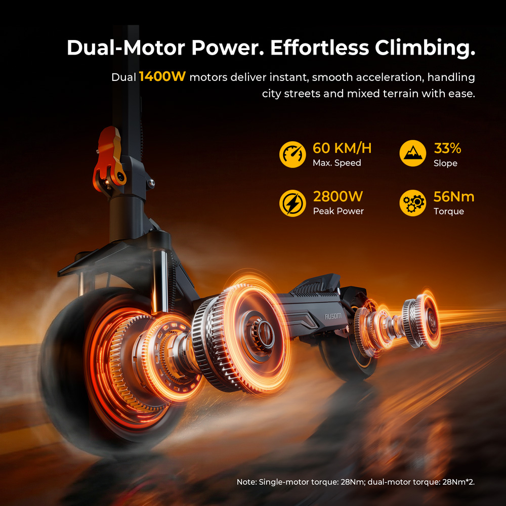 Ausom K20 Pro Dual Motor Elektroroller, Max 2800W Motoren, 48V 18Ah Akku, 10-Zoll-Reifen, 60km/h H&ouml;chstgeschwindigkeit, 90km Reichweite, Vorder- & Hinterrad-Scheibenbremsen, NFC-Entsperrung