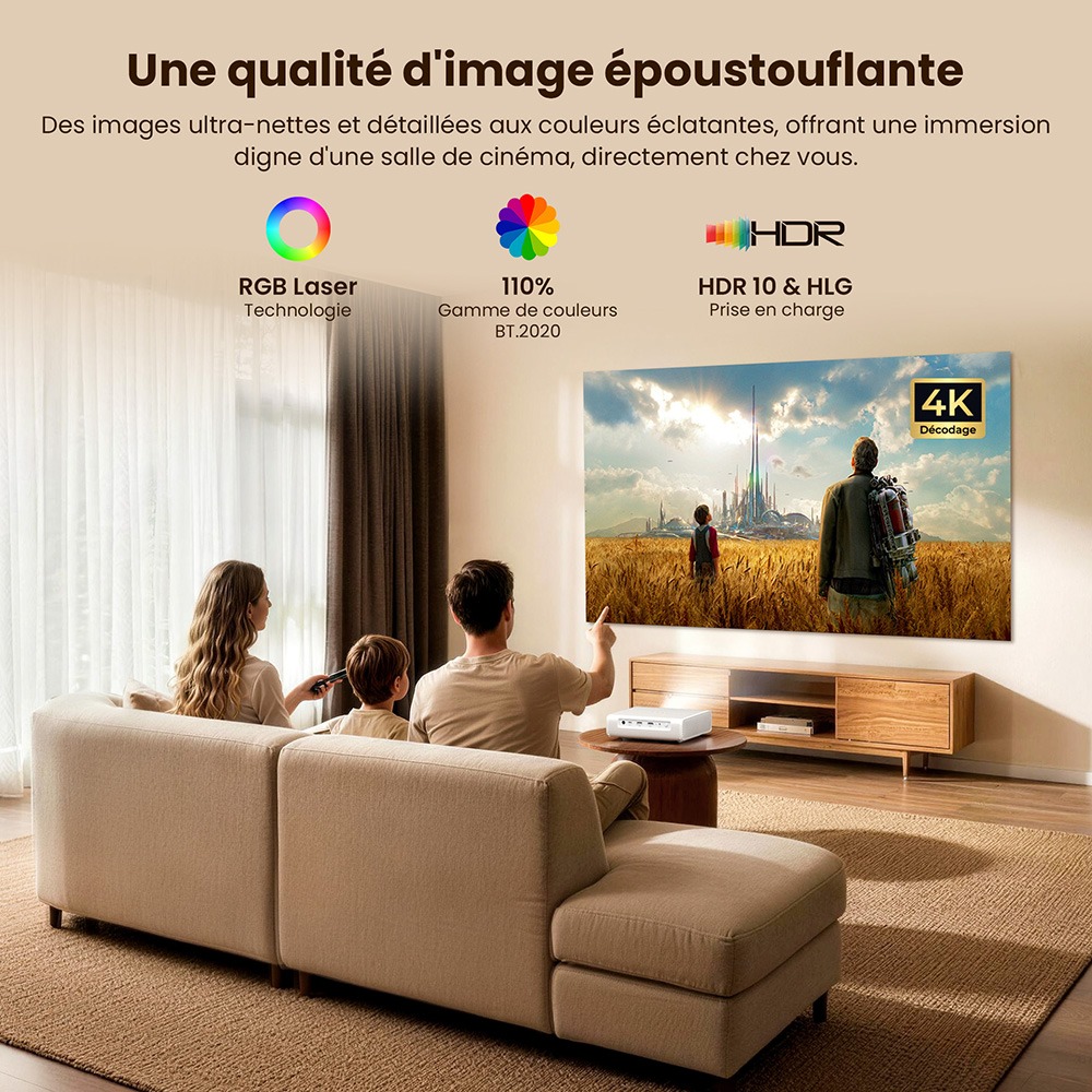 ETOE Dolphin 2 Projecteur, laser RGB Full HD 1080P, Google TV, 800 lumens ANSI, 110 % gamut BT.2020, correction trap&eacute;zo&iuml;dale et mise au point automatiques, autonomie batterie 2 h, audio Dolby, WiFi Bluetooth, HDMI 2.1, USB-C, projection 40&ndash;120 pouces