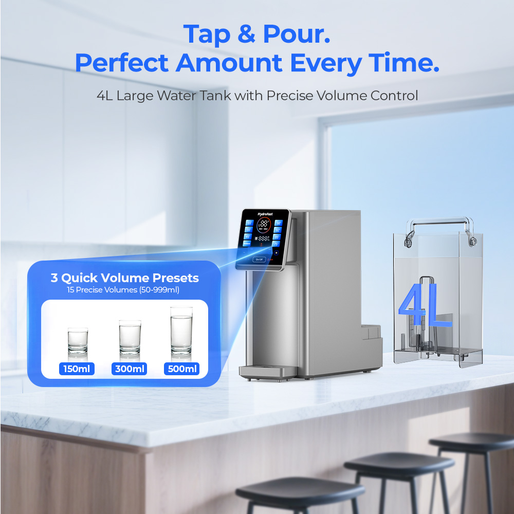 Hydrofast W100 Countertop Water Purifier with Hot & Ambient Water, 8 Temperatures, Hot Water in 3 Seconds, 6 Levels Reverse Osmosis Filtration,15 levels Water Volume, for Kitchen, Office, Bedroom
