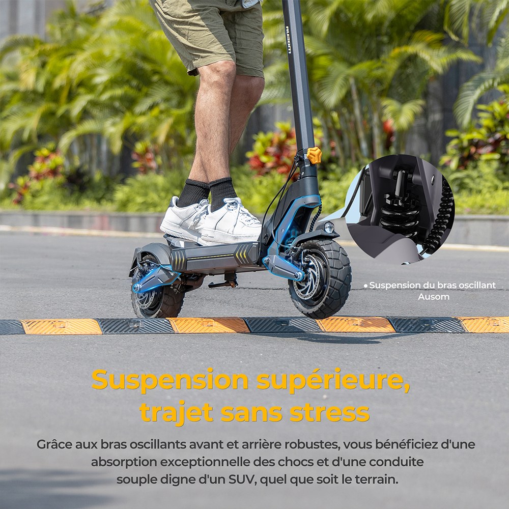 Ausom L2 Trottinette &eacute;lectrique, moteur 2 x 800 W, batterie 48 V 15,6 Ah, pneus 10 pouces, vitesse maximale 55 km/h, autonomie 70 km, freins &agrave; disque avant et arri&egrave;re, suspension &agrave; bras oscillant, &eacute;cran LCD