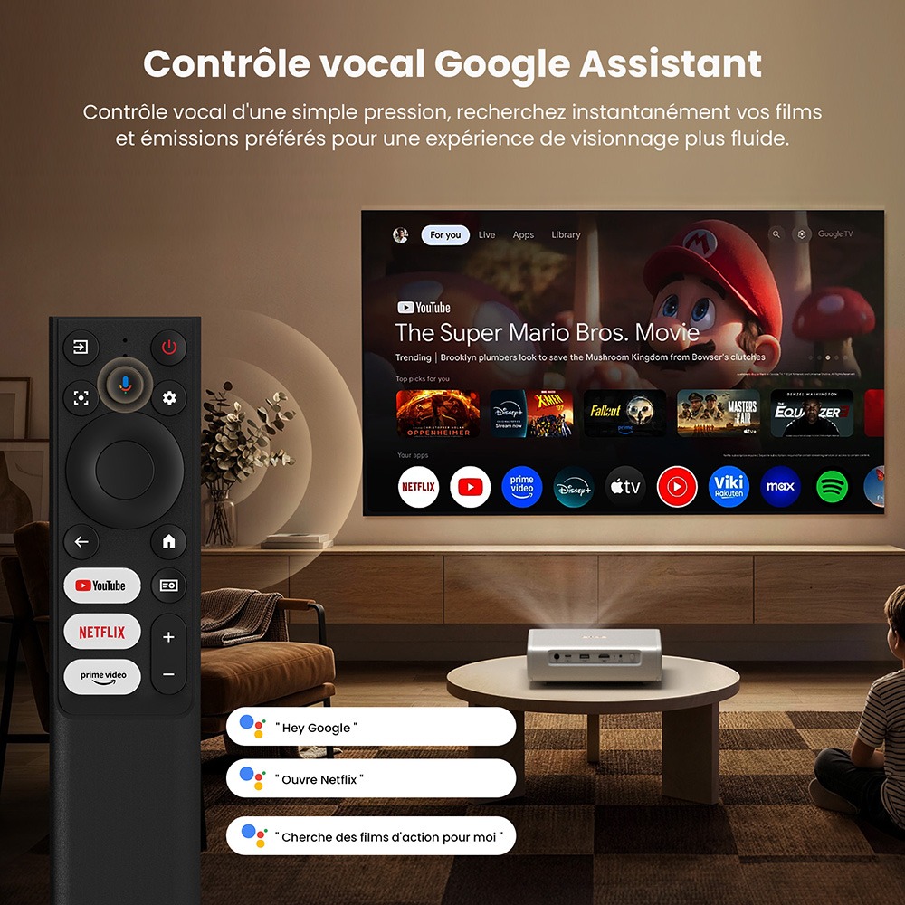ETOE Dolphin 2 Projecteur, laser RGB Full HD 1080P, Google TV, 800 lumens ANSI, 110 % gamut BT.2020, correction trap&eacute;zo&iuml;dale et mise au point automatiques, autonomie batterie 2 h, audio Dolby, WiFi Bluetooth, HDMI 2.1, USB-C, projection 40&ndash;120 pouces