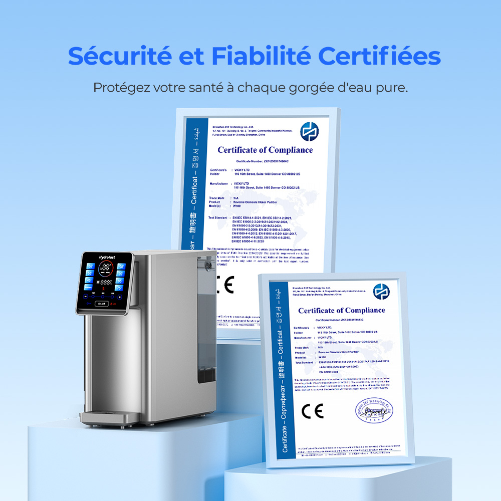 Hydrofast W100 Purificateur d'eau de comptoir avec eau chaude et eau ambiante, 8 températures, eau chaude en 3 secondes, filtration par osmose inverse à 6 niveaux, volume d'eau à 15 niveaux, pour cuisine, bureau, chambre