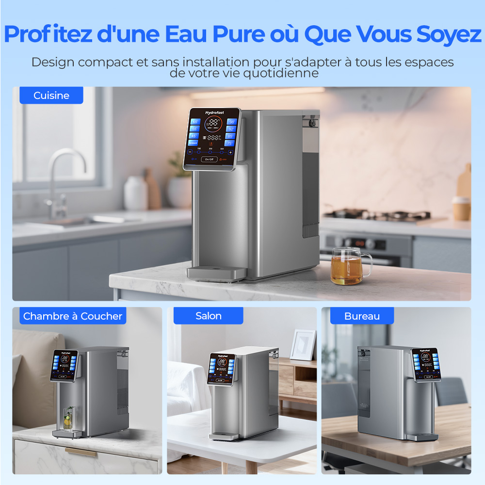 Hydrofast W100 Purificateur d'eau de comptoir avec eau chaude et eau ambiante, 8 températures, eau chaude en 3 secondes, filtration par osmose inverse à 6 niveaux, volume d'eau à 15 niveaux, pour cuisine, bureau, chambre