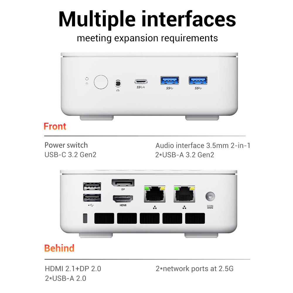 FIREBAT AM02 Mini-PC Barebone (ohne RAM und SSD), AMD Ryzen 7 H 255 8C/16T bis zu 4,9 GHz, Radeon 780M, zwei DDR5-5600-MHz-RAM-Steckpl&auml;tze, zwei M.2-PCIe-SSD-Steckpl&auml;tze, HDMI + DP + vollfunktionsf&auml;higer USB-C-Anschluss f&uuml;r Triple-Display, zwei Gigabit-RJ45-Anschl&uuml;sse, WLAN 6, Bluetooth 5.2
