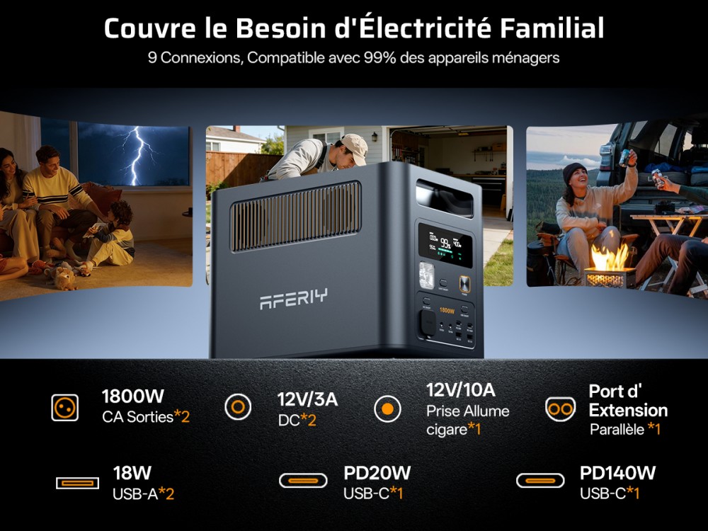 AFERIY Nomad1800 Pro P180 Station d'alimentation portable, sortie &agrave; onde sinuso&iuml;dale pure 1800W, batterie LiFePO4 1024Wh, extensible jusqu&rsquo;&agrave; 5120Wh, charge rapide AC 1000W, entr&eacute;e solaire XT60 500W, UPS &le;10ms, charge rapide PD 140W, 9 sorties