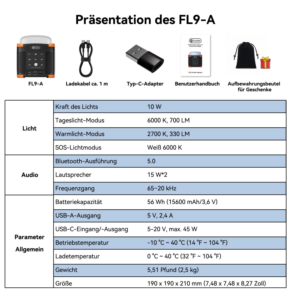 FlashFish FL9-A Multifunktionale Powerstation, 56Wh / 15600mAh Lithium-Akku, 45W USB-C PD Schnellladung, Duale 15W Bluetooth 5.0 Lautsprecher, 700LM 3-Modus Campinglampe, TWS Stereo-Sound, SOS-Notlicht