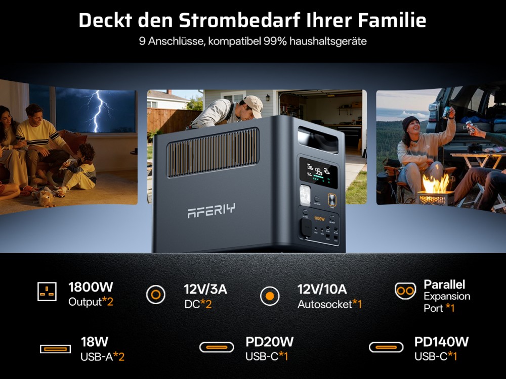 AFERIY Nomad1800 Pro P180 Tragbare Powerstation, 1800W reine Sinuswellenleistung, 1024Wh LiFePO4-Batterie, erweiterbar auf 5120Wh, 1000W AC-Ladung, 500W XT60-SolarSchnelleingang, &le;10ms USV, 140W PD-Schnellladung, 9 Ausg&auml;nge