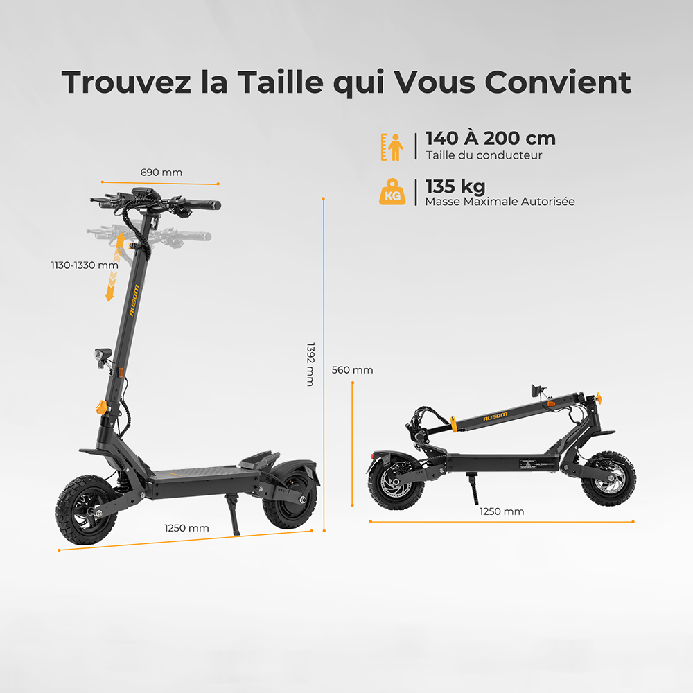 Ausom L1 (version ABE) Trottinette &eacute;lectrique, moteur 500 W, batterie 48 V 20,8 Ah, pneus 10 pouces, vitesse maximale 20 km/h, autonomie 90 km, freins &agrave; disque avant et arri&egrave;re, suspension &agrave; bras oscillant, d&eacute;verrouillage NFC et par code.