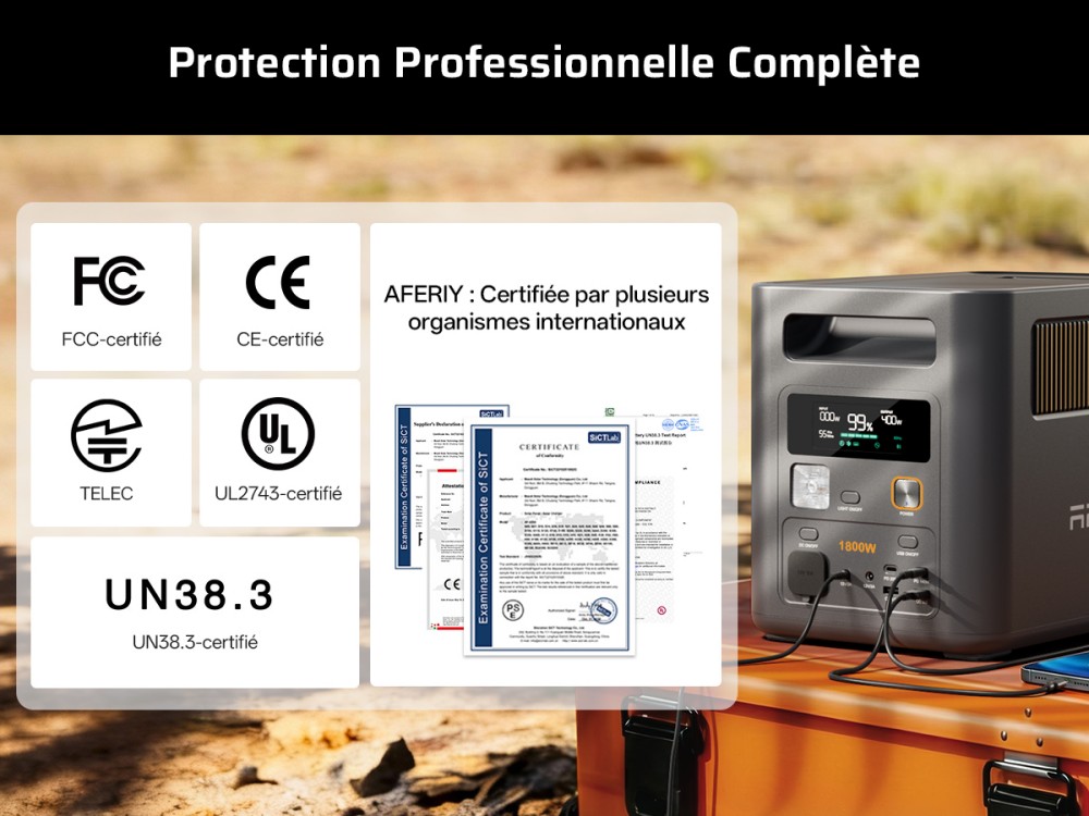 AFERIY Nomad1800 Pro P180 Station d'alimentation portable, sortie &agrave; onde sinuso&iuml;dale pure 1800W, batterie LiFePO4 1024Wh, extensible jusqu&rsquo;&agrave; 5120Wh, charge rapide AC 1000W, entr&eacute;e solaire XT60 500W, UPS &le;10ms, charge rapide PD 140W, 9 sorties