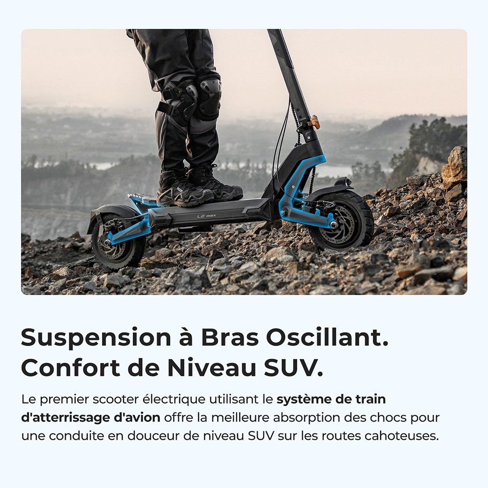 Ausom L2 Max Trottinette électrique, moteur 2 x 1 000 W, batterie 48 V 20,8 Ah, pneus 3 x 10 pouces, vitesse maximale 60 km/h, autonomie 90 km, freins à disque avant et arrière, suspension à bras oscillant, support AirTag dissimulé