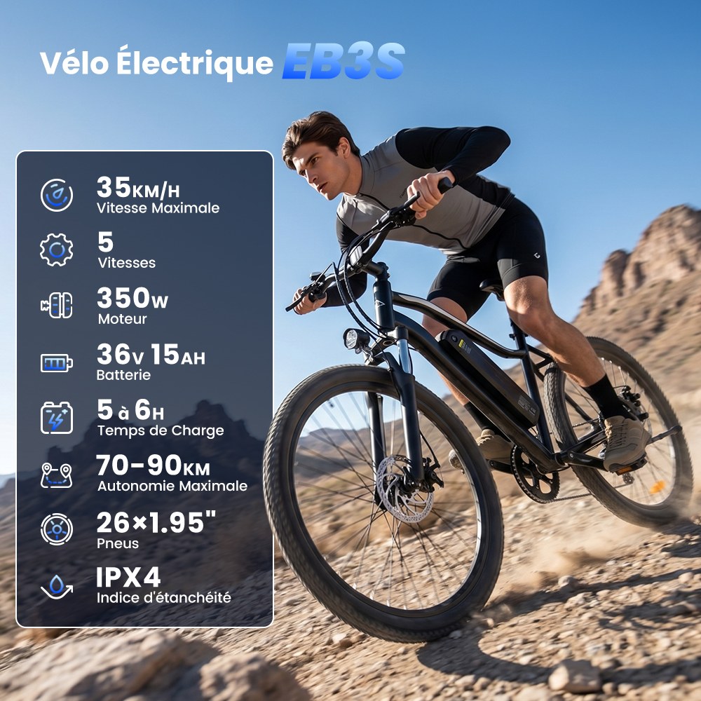 EB3S Vélo Électrique, Moteur 350W, Batterie 36V 15Ah, Vitesse Max. 35km/h, Autonomie 90km, Pneus Tout-Terrain 26"×1,95", Freins à Disque Avant/Arrière, Fourche Suspendue, Charge Max. 150kg