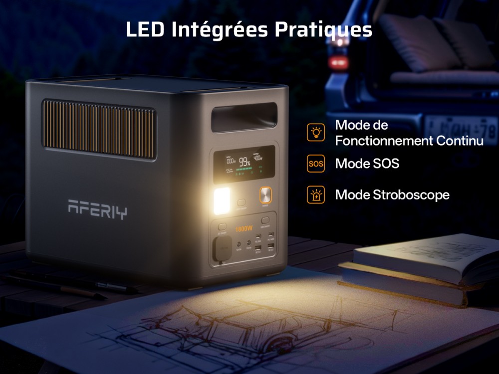 AFERIY Nomad1800 Pro P180 Station d'alimentation portable, sortie &agrave; onde sinuso&iuml;dale pure 1800W, batterie LiFePO4 1024Wh, extensible jusqu&rsquo;&agrave; 5120Wh, charge rapide AC 1000W, entr&eacute;e solaire XT60 500W, UPS &le;10ms, charge rapide PD 140W, 9 sorties