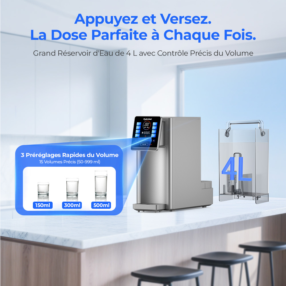 Hydrofast W100 Purificateur d'eau de comptoir avec eau chaude et eau ambiante, 8 températures, eau chaude en 3 secondes, filtration par osmose inverse à 6 niveaux, volume d'eau à 15 niveaux, pour cuisine, bureau, chambre
