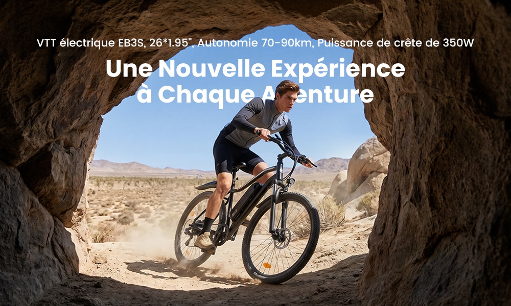 EB3S Vélo Électrique, Moteur 350W, Batterie 36V 15Ah, Vitesse Max. 35km/h, Autonomie 90km, Pneus Tout-Terrain 26"×1,95", Freins à Disque Avant/Arrière, Fourche Suspendue, Charge Max. 150kg
