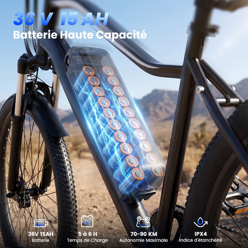 EB3S Vélo Électrique, Moteur 350W, Batterie 36V 15Ah, Vitesse Max. 35km/h, Autonomie 90km, Pneus Tout-Terrain 26"×1,95", Freins à Disque Avant/Arrière, Fourche Suspendue, Charge Max. 150kg