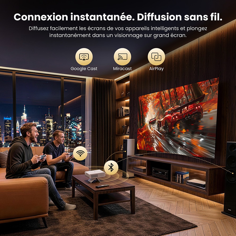 ETOE Dolphin 2 Projecteur, laser RGB Full HD 1080P, Google TV, 800 lumens ANSI, 110 % gamut BT.2020, correction trap&eacute;zo&iuml;dale et mise au point automatiques, autonomie batterie 2 h, audio Dolby, WiFi Bluetooth, HDMI 2.1, USB-C, projection 40&ndash;120 pouces