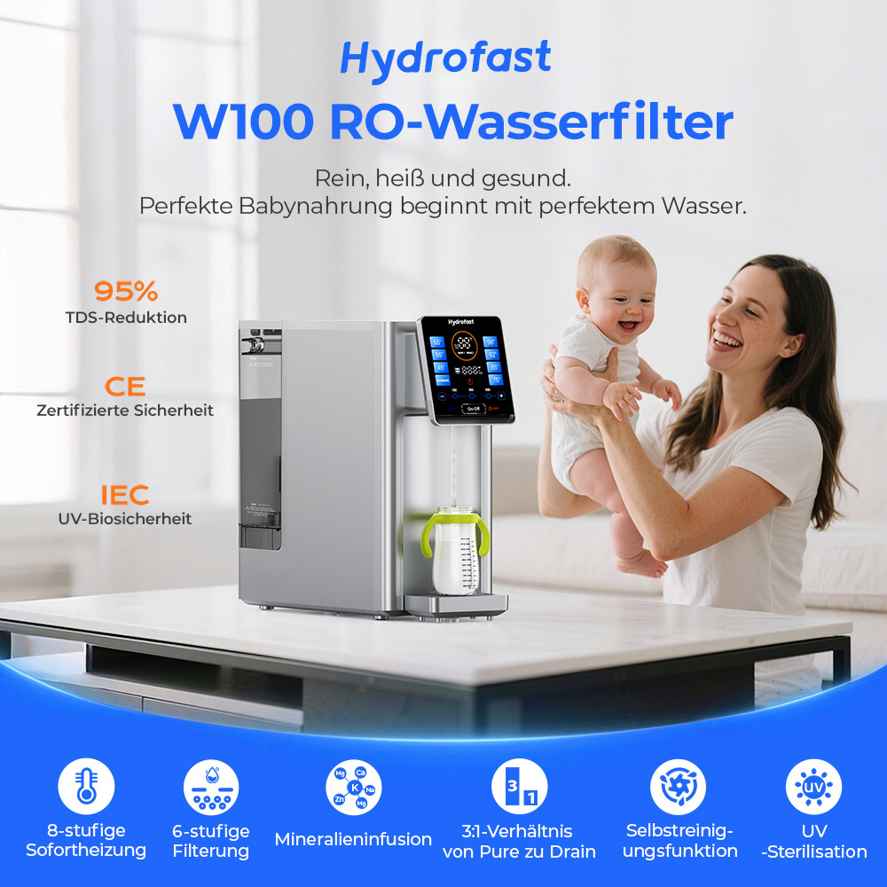Hydrofast W100 Wasserfilter für die Arbeitsplatte mit heißem und raumwarmem Wasser, 8 Temperaturen, heißes Wasser in 3 Sekunden, 6-stufige Umkehrosmosefiltration, 15-stufiges Wasservolumen, für Küche, Büro, Schlafzimmer