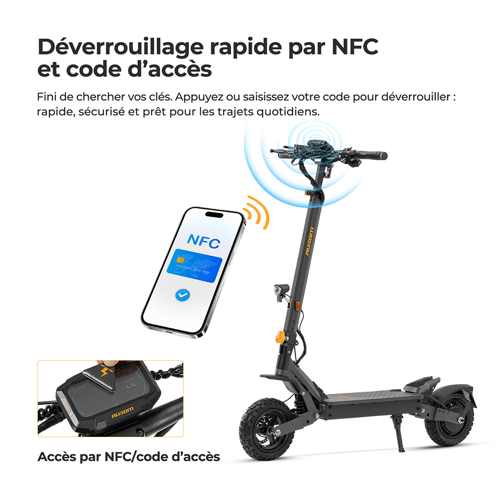 Ausom L1 (version ABE) Trottinette &eacute;lectrique, moteur 500 W, batterie 48 V 20,8 Ah, pneus 10 pouces, vitesse maximale 20 km/h, autonomie 90 km, freins &agrave; disque avant et arri&egrave;re, suspension &agrave; bras oscillant, d&eacute;verrouillage NFC et par code.