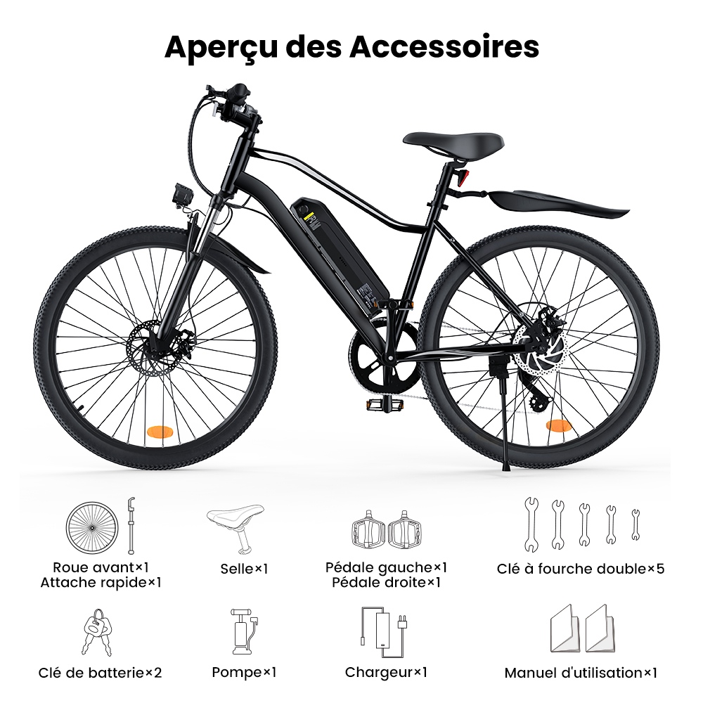 EB3S Vélo Électrique, Moteur 350W, Batterie 36V 15Ah, Vitesse Max. 35km/h, Autonomie 90km, Pneus Tout-Terrain 26"×1,95", Freins à Disque Avant/Arrière, Fourche Suspendue, Charge Max. 150kg