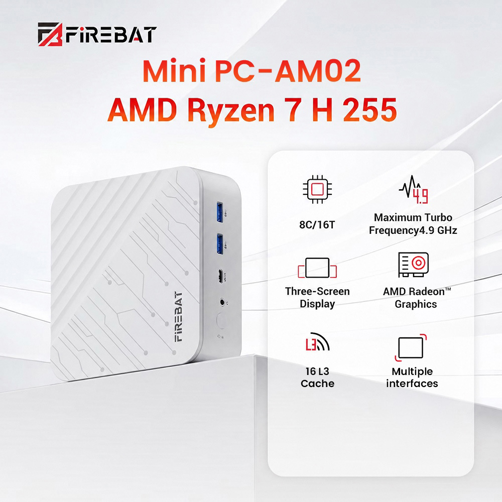 FIREBAT AM02 Mini-PC Barebone (ohne RAM und SSD), AMD Ryzen 7 H 255 8C/16T bis zu 4,9 GHz, Radeon 780M, zwei DDR5-5600-MHz-RAM-Steckpl&auml;tze, zwei M.2-PCIe-SSD-Steckpl&auml;tze, HDMI + DP + vollfunktionsf&auml;higer USB-C-Anschluss f&uuml;r Triple-Display, zwei Gigabit-RJ45-Anschl&uuml;sse, WLAN 6, Bluetooth 5.2